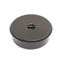A black plastic container with a white background.