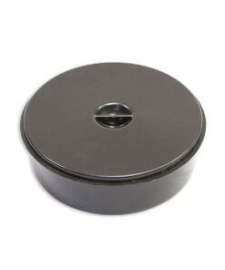 A black plastic container with a white background.
