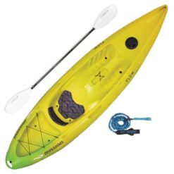 A yellow Mission Flow Sit on Top Recreational Surf Kayak outfitted with a paddle and a leash for optimal mission flow.