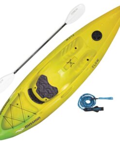 A yellow Mission Flow Sit on Top Recreational Surf Kayak outfitted with a paddle and a leash for optimal mission flow.