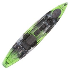 A Wilderness Systems Radar 135 Pedal Fishing Kayak in green and black on a white background.
