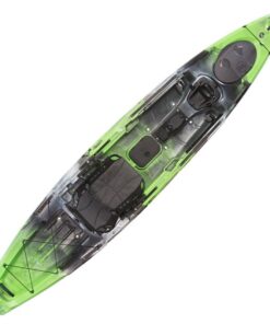 A Wilderness Systems Radar 135 Pedal Fishing Kayak in green and black on a white background.